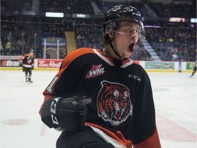 The Medicine Hat Tigers' Baxter Anderson celebrates after scoring a goal in WHL action against the Regina Pats on Friday.