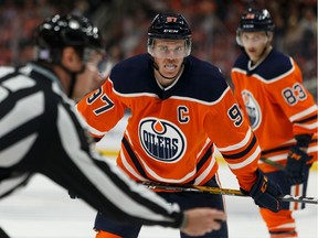 Edmonton Oilers captain Connor McDavid lines up for a faceoff against the St. Louis Blues during NHL action at Rogers Place on Nov. 6, 2019.