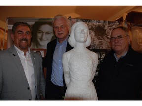 This Dutch trio, John Stobbe, left, Dutch Hon. Consul Jerry Bouma and Frank Stolk, Edmonton's Dutch Canadian Club president, head a team planning to unveil a bronze Anne Frank statue in Old Strathcona May 5 to thank Canadians for freeing their country 75 years ago from Second World War Nazi terror.