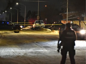 Police on the scene of an incident where they have 130 Ave. blocked off between 85 St. and 87 St. in north Edmonton, February 3, 2020.