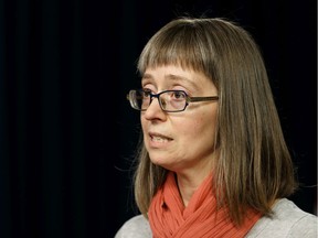 Dr. Deena Hinshaw, chief medical officer of health gives an update on novel coronavirus at the media room at the Alberta Legislature in Edmonton, on Thursday, Feb. 6, 2020.