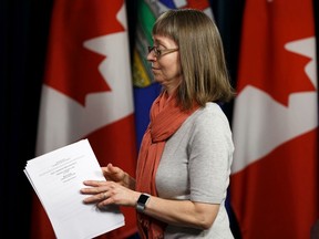 Dr. Deena Hinshaw, chief medical officer of health, gives an update on novel coronavirus in the media room at the Alberta legislature in Edmonton on Thursday, Feb. 6, 2020.