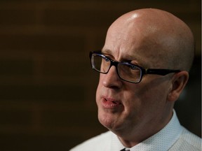 Alberta Teachers' Association president Jason Schilling speaks with the media during a break at the North Central Teachers Convention at the Edmonton Convention Centre on Thursday, Feb. 6, 2020.