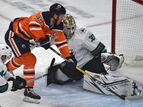 Edmonton Oilers Connor McDavid (97) can't put the puck past San Jose Sharks goalie Aaron Dell (30) during NHL action at Rogers Place in Edmonton, February 6, 2020.