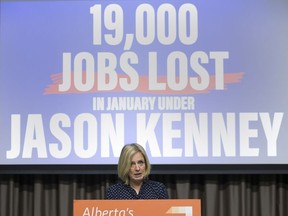NDP Leader Rachel Notley responds to today's Statistics Canada data on Alberta job numbers on Friday, Feb. 7, 2020, in Edmonton.