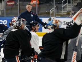 Edmonton Oilers' head coach Dave Tippett watches his players during a practice on the ice at Rogers Place in Edmonton, on Friday, Feb. 7, 2020. The team plays the Nashville Predators on Saturday. Photo by Ian Kucerak/Postmedia