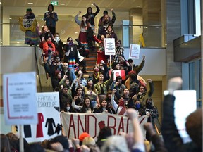 Loud but peaceful protesters occupy the lobby of the Enbridge Centre building in downtown Edmonton, in solidarity for the Wet'suwet'en Nation and the land defenders, organized by Indigenous youth, February 10, 2020. Ed Kaiser/Postmedia