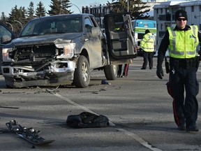 A EPS police pursuit started after a RCMP member was injured when his cruiser was rammed by a pickup truck and then ended in a multi-vehicle collision at 99 St. And 82 Ave. in Edmonton, February 10, 2020. Ed Kaiser/Postmedia