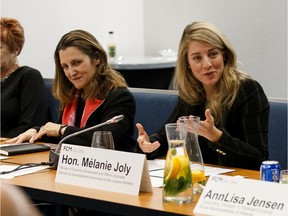 Chrystia Freeland (left), Deputy Prime Minister and Minister of Intergovernmental Affairs, and Mélanie Joly, Minister of Economic Development, are seen during a Federation of Canadian Municipalities' Western Economic Solutions Taskforce (WEST) meeting at the Renaissance Edmonton Airport Hotel in Nisku, on Monday, Feb. 10, 2020.