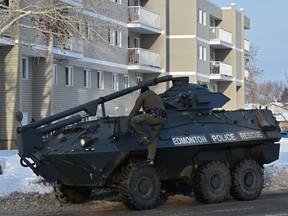 The Edmonton police tactical unit uses the Grizzly armoured vehicle responding to a shooting at 13704 24 St. in Edmonton on Sunday, Feb. 16, 2020.