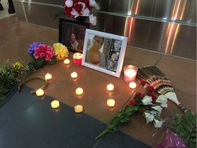 A memorial for Sherri Lynn Gauthier, 33, who died in hospital after being stabbed in City Centre Mall in February.