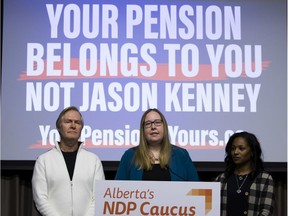 NDP labour critic Christina Gray, centre, said Wednesday, Feb. 19, 2020, she wil introduce private member's legislation this spring to protect and strengthen Albertans' pension rights. She is speaking with retired teacher Tim White, left, and Melissa Alexander, who works at Grey Nuns Community Hospital.