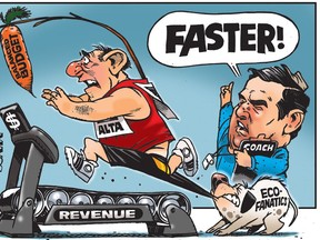 Jason Kenney pushes Alberta to reach a balanced budget, despite obstacles. (Cartoon by Malcolm Mayes)