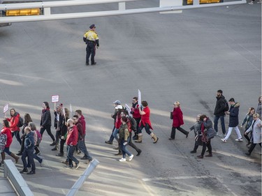 Teachers march from the Edmonton Convention Centre to the Alberta Legislature where the provincial budget is being tabled by the provincial government on February 27, 2020.