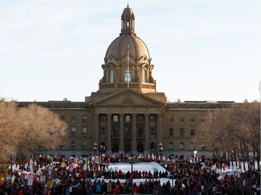 Teachers, union members and supporters rally at the Alberta Legislature against the 2020 Alberta Budget during a march from downtown Edmonton on Thursday, Feb. 27, 2020. The budget was unveiled today by Alberta's United Conservative Party government.