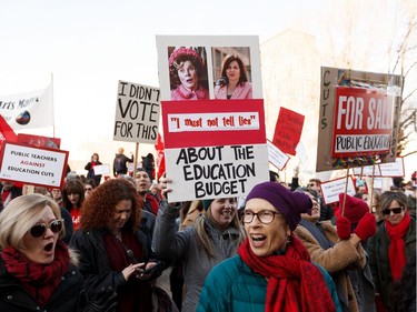 Teachers, union members and supporters rally at the Alberta Legislature against the 2020 Alberta Budget during a march from downtown Edmonton on Thursday, Feb. 27, 2020. The budget was unveiled today by Alberta's United Conservative Party government.