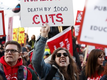 Teachers, union members and supporters rally at the Alberta Legislature against the 2020 Alberta Budget during a march from downtown Edmonton on Thursday, Feb. 27, 2020. The budget was unveiled today by Alberta's United Conservative Party government.