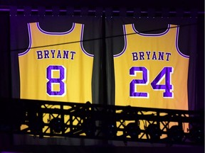 Kobe Bryant's Lakers jerseys are displayed during the "Celebration of Life for Kobe and Gianna Bryant" service at Staples Center in Downtown Los Angeles on February 24, 2020. - Kobe Bryant, 41, and 13-year-old Gianna were among nine people killed in a helicopter crash in the rugged hills west of Los Angeles on January 26.