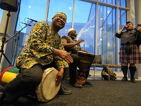 Black History Month celebrations and events will be different in 2021 with the COVID-19 pandemic moving events online. Pictured above in 2020, Drummers Robert Kpogo (left), Stennie Noel and bagpiper Campbell Wallace provide some musical entertainment at a Black History Month event held at the Royal Alberta Museum in Edmonton on Thursday February 13, 2020. (PHOTO BY LARRY WONG/POSTMEDIA)