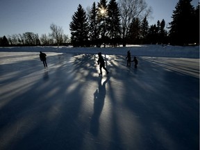Ice skaters make their way around the frozen Hawrelak Park pond during the Silver Skate Festival, in Edmonton Saturday Feb. 8, 2020. The 30th annual festival runs until Feb. 17.