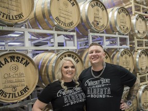 Shayna Hansen, co-owner, and Kris Sustrik, distiller and co-owner, of Hansen Distillery. The west-end distillery has just released a three year-old whisky called Northern Eyes on Tuesday, Feb. 10, 2020.