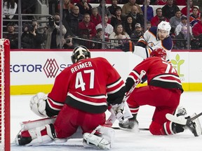 Edmonton Oilers centre Leon Draisaitl (29) scores past Carolina Hurricanes goaltender James Reimer (47) at PNC Arena on Sunday, Feb. 16, 2020. The Edmonton Oilers defeated the Carolina Hurricanes 4-3 in overtime.