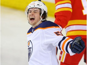 Edmonton Oilers Kailer Yamamoto celebrates after a goal against goalie David Rittich of the Calgary Flames during NHL hockey in Calgary on Saturday February 1, 2020.