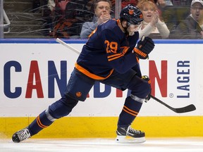 The Edmonton Oilers Leon Draisaitl (29) celebrates his game-winning goal against the St. Louis Blues during third period NHL action at Rogers Place, in Edmonton on Friday, Jan. 31, 2020.