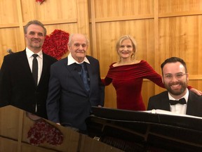 Ninety-two-year-old Italain-born Severino Floreancig (second from left) took centre stage Friday at a Kipnes Cente for Veterans fundraiser to sing his favourite song, Libiamo from the opera La Triaviata. With him are, from left to right, Boris Derow, Darcia Parada and pianist Spencer Kryzanowski. Floreancig grew up singing and for years sang with the Santa Maria Goretti church choir. The event, close to Valentine's Day, was called Love is in the Air and raised funds to help WiFi connectivity for the centre's residents.