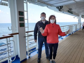 Edmonton couple Jenny and Mark Rodrigue are now under quarantine at the Nav Centre in Cornwall, Ontario, after passengers on their cruise ship tested positive for the novel coronavirus. Submitted photos
