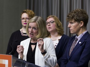 Shannon Belanger, left, NDP Leader Rachel Notley, Jana Haveman and NDP critic for women and LGBTQ issues Janis Irwin at a news conference on Thursday, Feb. 20, 2020, about the UCP’s plans to change health care delivery for women.