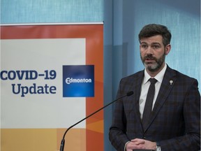 Mayor Don Iveson talks about how Edmonton city council has declared a state of local emergency, granting new powers to administration to restrict movement within the city and fix prices on Friday, March 20, 2020, in Edmonton.