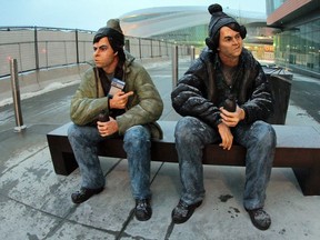 Years in the making, Ritchie Velthuis' painted bronze of SCTV's Bob and Doug McKenzie arrived without fanfare Tuesday night south of Rogers Place — the Kraft Dinner was offered by entities unknown.