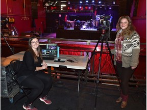 Kalli Melenius (left) and Andrea Kotylak-Boyd handle the live-streaming for the Sticks and Stone band at The Starlite Room on March 25.
