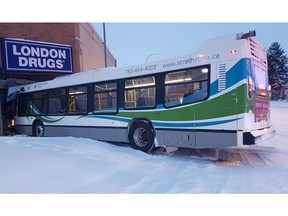 At 6:40 a.m. the Strathcona County transit bus was travelling west on Fir Street when it was struck by a truck travelling south on Sherwood Drive. The force of the impact sent the Strathcona County bus into a nearby London Drugs building, located at 999 Fir Street.