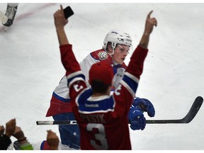 Edmonton Oil Kings Carter Souch (44) celebrates along with fans his goal on the Everett Silvertips during WHL action at Rogers Place in Edmonton, January 1, 2020.
