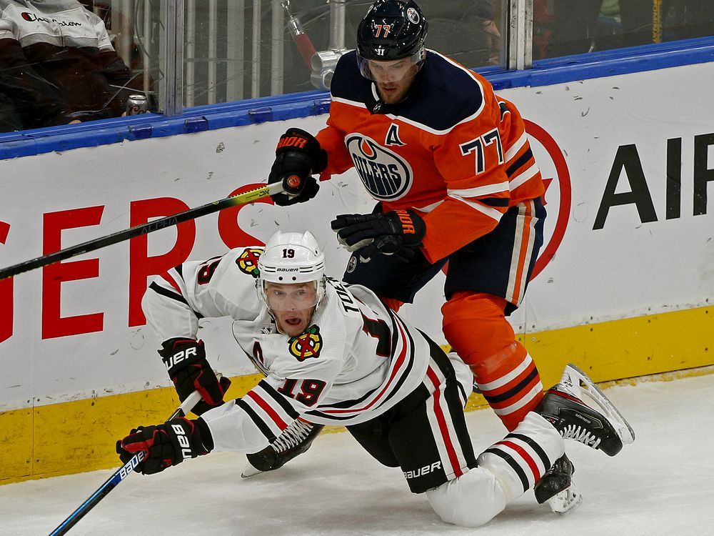 Chicago Blackhawks' Dominik Kubalik in action during an NHL hockey