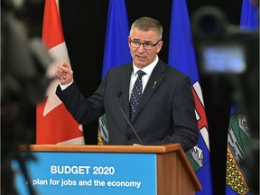 Finance Minister Travis Toews speaks to the media on the 2020 budget at the embargoed news conference in Edmonton, February 27, 2020.