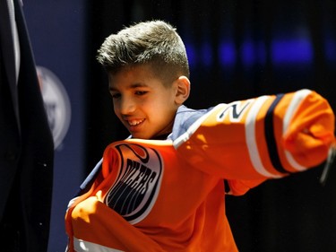 Sobhe Najmeddine was one of 65 kids who signed a one-day contract and became an Edmonton Oiler during Boston Pizza's Oiler for a Day event held at Rogers Place in Edmonton, on Sunday, March 1, 2020.