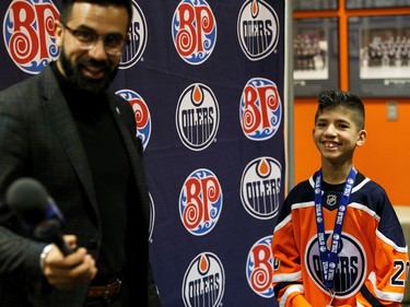Sobhe Najmeddine (right) is interviewed by Tony Brar, Oilers Digital Content Producer & Reporter, during Boston Pizza's Oiler for a Day event held at Rogers Place in Edmonton, on Sunday, March 1, 2020.
