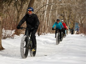 A dozen cyclists took part in United Sport & Cycle's river valley fat bike tour in Edmonton, on Sunday, March 1, 2020.