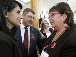 Josie Nepinak (right, Awo Taan Healing Lodge Society), executive director of the only Indigenous urban women's shelter in Alberta, meets with Leela Sharon Aheer (left, Alberta Minister of Culture, Multiculturalism and Status of Women) and Rick Wilson (middle, Alberta Minister of Indigenous Relations) in Edmonton on March 5, 2020, where the Alberta government announced the next steps they will take on the issue of missing and murdered Indigenous women and girls.