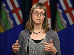 Alberta's chief medical officer of health Dr. Deena Hinshaw, confirmed the province's first presumptive case of COVID-19, also known as the novel coronavirus, during a news conference at the Alberta Legislature in Edmonton, March 5, 2020.