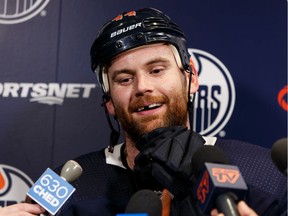 Oilers' Zack Kassian (44) speaks with media at an Edmonton Oilers practice ahead of their Saturday game against the Columbus Blue Jackets at Rogers Place, on Friday, March 6, 2020.