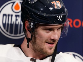 Edmonton Oilers defenceman Oscar Klefbom (77) speaks with media at a practice ahead of their Saturday game against the Columbus Blue Jackets at Rogers Place, on Friday, March 6, 2020.