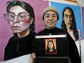 Edmonton artist Lauren Crazybull is seen in her studio in downtown Edmonton on Friday, March 6, 2020. Crazybull painted a piece of art for the cover of Time magazine.