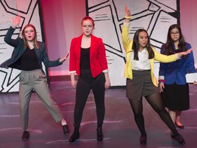 The Heathers from left, Allison Ross as Heather Duke, Sarah Ross as Heather Chandler,  Mya Eveleigh as Heather McNamara and Zinnia Jibran playing the part of Veronica. J. Percy Page Cappies performance of Heathers the musical (high school edition) on March 3, 2020.