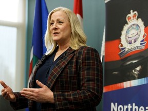 Edmonton Police Service Detective Linda Herczeg speaks about identity theft during a press conference at Edmonton Police Service Northeast Division Station in Edmonton, on Tuesday, March 10, 2020.