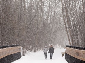 Suzanne Beland (left) and Kathy Herklotz walk over a pedestrian bridge over Mill Creek in Mill Creek Ravine Park as sleet falls in Edmonton, on Wednesday, March 11, 2020.