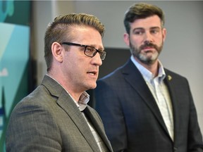 Interim city manager Adam Laughlin, left, and Mayor Don Iveson give an update on the city's response to COVID-19 on Thursday, March 12, 2020.
